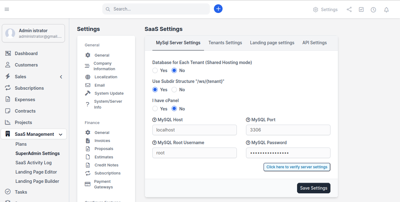 MySQL Server Settings tab